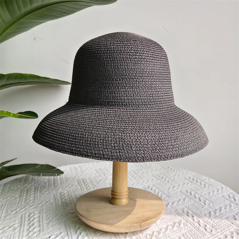 Straw Hepburn Sun Hat Wide Brim Foldable — Natural | KIMLUD