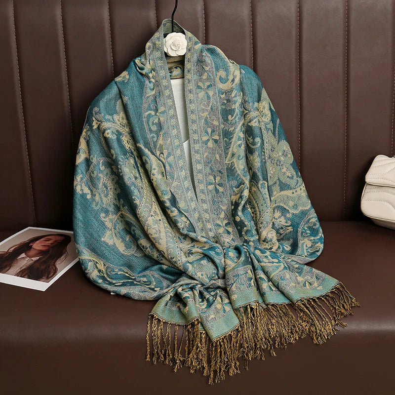 Cashmere Pashmina Shawl With Autumn Print Design, Olive Accents And Gold-Toned Fringe — Red | KIMLUD