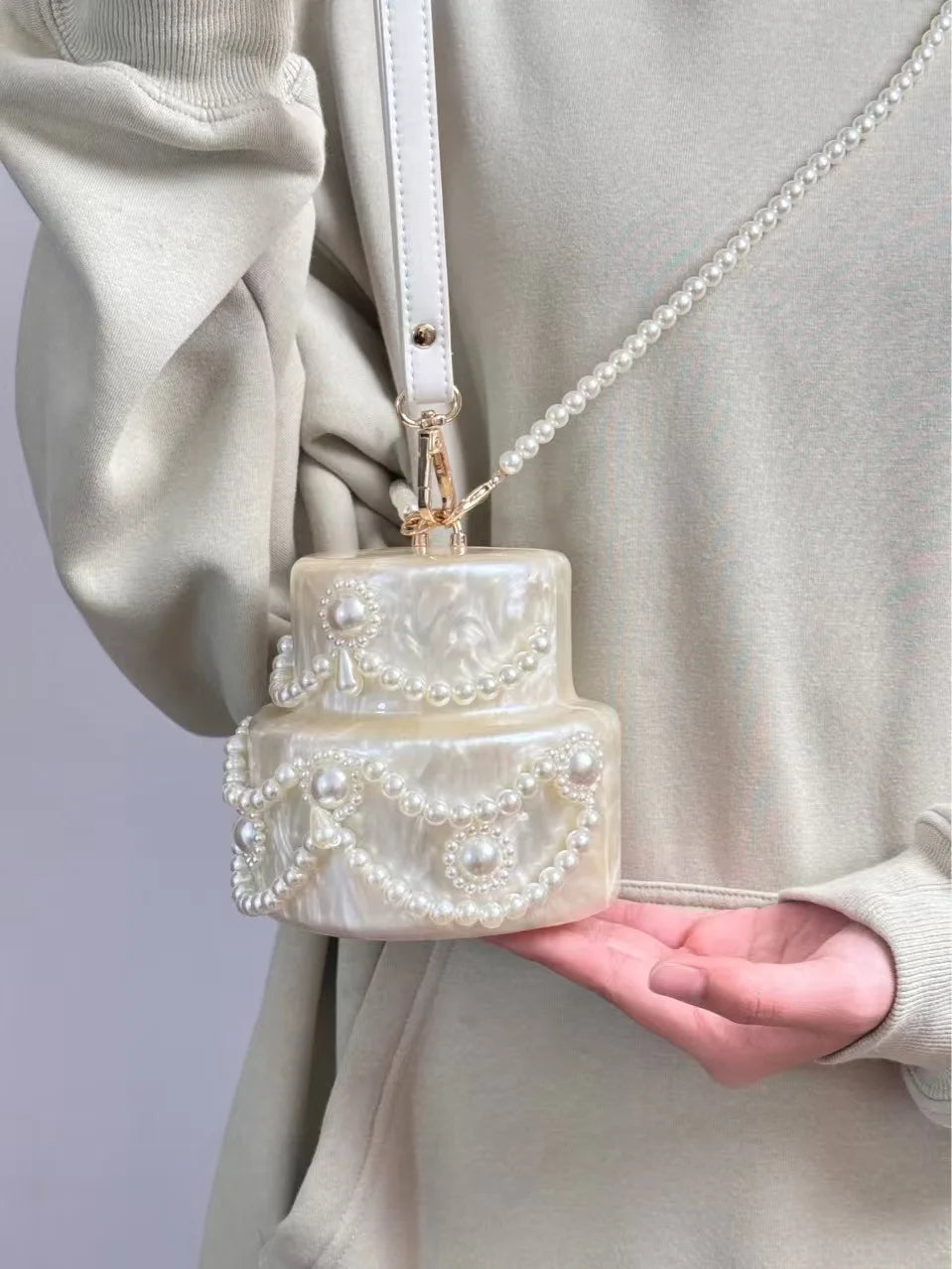 Acrylic Clutch Pearl Beading — Ivory White | KIMLUD