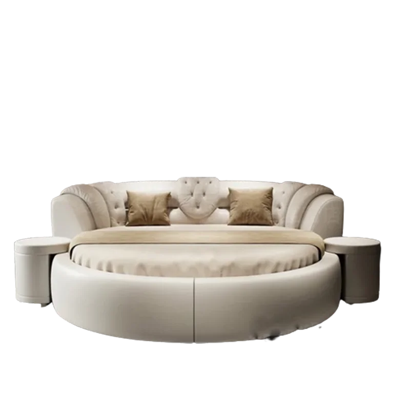 European Style Round Bed Luxury Leather Surface — Ivory White | KIMLUD