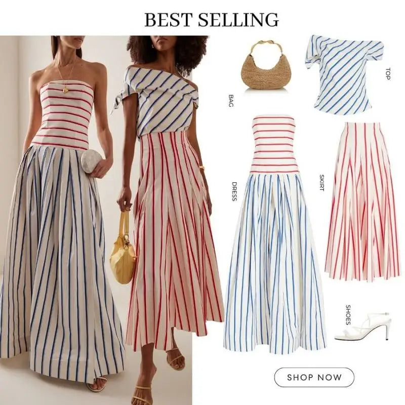 Bandeau Maxi Dress Striped Print Sundress — White | KIMLUD