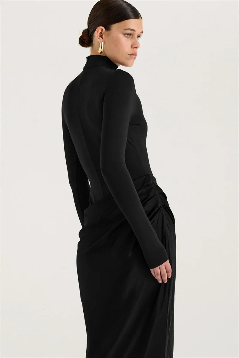 Mozision Autumn Long Sleeve Sexy Maxi Dress Women Fashion Hollow Out Turtleneck Ruched Bodycon Club Party Long Dresses Female