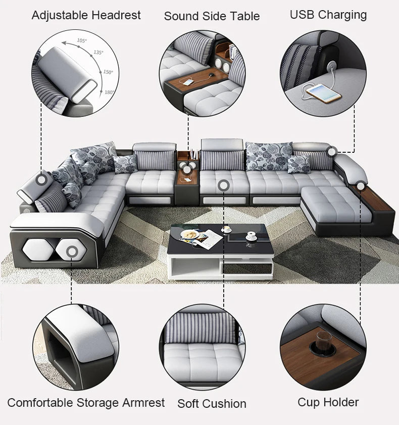 Modern Leather U-shaped Combination Sofa Bed 7-piece Furniture Living Room Fabric Velvet Sofa Home Manufacturer
