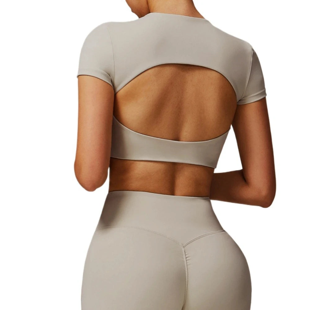 Women Sports Top O-Neck Yoga Crop Tops Short Sleeve Backless Padded Fitness Shirts Push Up Workout Gym T-shirt Running Tights