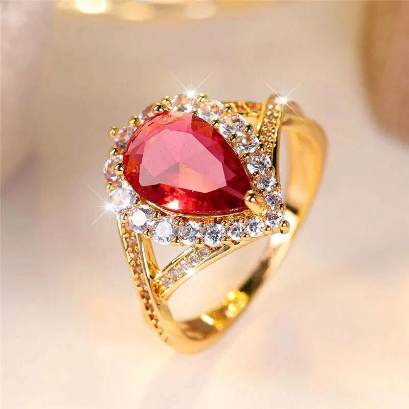 KIMLUD, Luxury Female Red Water Drop Zircon Stone Engagement Ring Trendy Gold Color Bride Wedding Jewelry Gift For Women, KIMLUD Womens Clothes