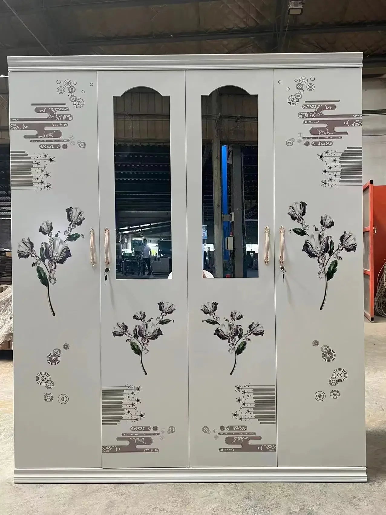 A White Modern Locker Bedroom Clothes Storage Metal Swing Doors Steel Wardrobe With Mirror