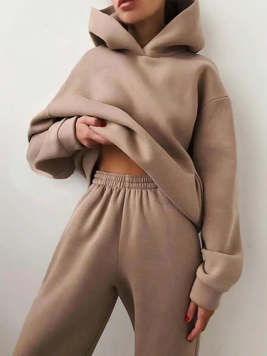 Fleece Tracksuit Two-Piece Hooded Set — Black | KIMLUD