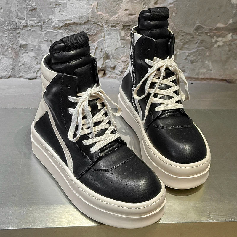 High Top Board Shoes – Side Zipper – Rubber Outsole – Black White | KIMLUD