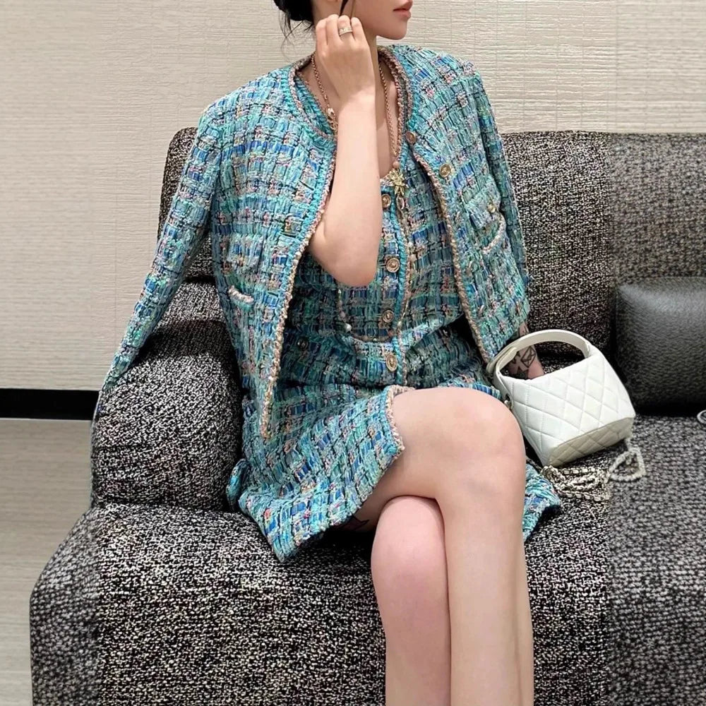 2025 New French Lady Blue Green Tweed round Neck Single Button Small Fragrance Style Jacket Vest Dress Set Casual Suit