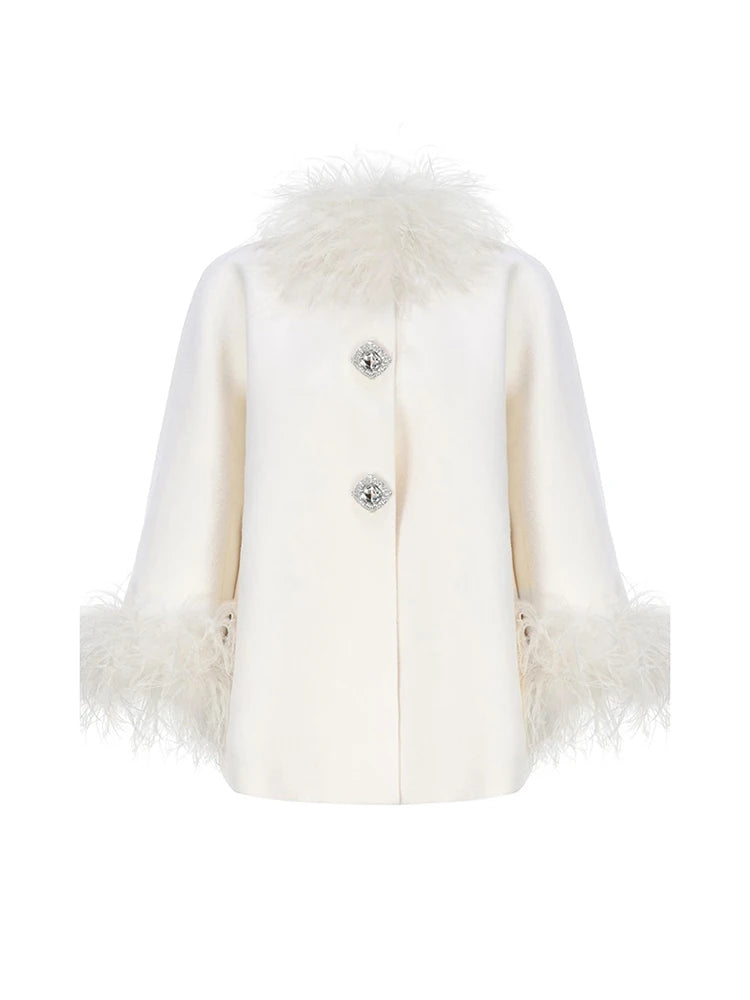 Elegant Feather Spliced Women's Coat Loose Feather Cuff Collar Lady Poncho Outwear 2024 Winter High Street Jacket New In Coats