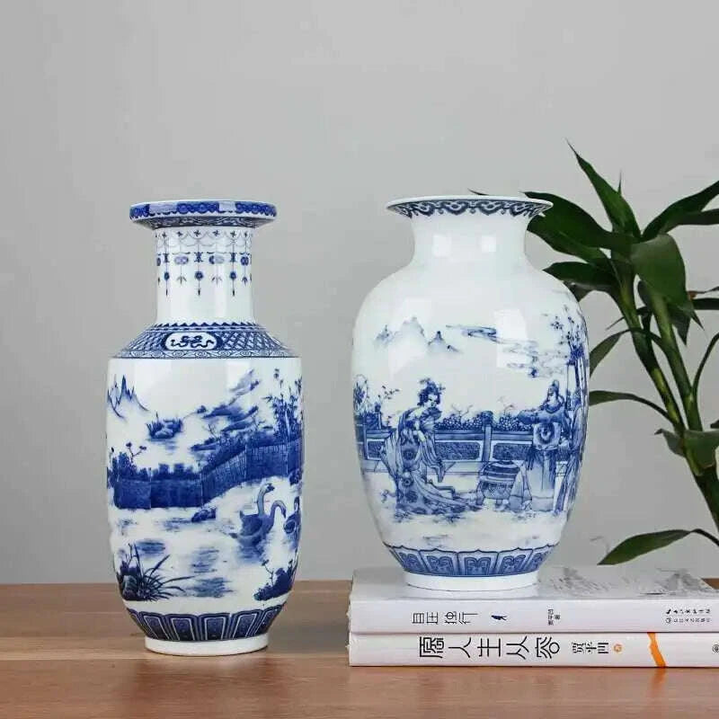 KIMLUD, Classic Chinese Blue and White Ceramic Vase Antique Tabletop Porcelain Flower Vase For Hotel Dining Room Decoration, KIMLUD Womens Clothes