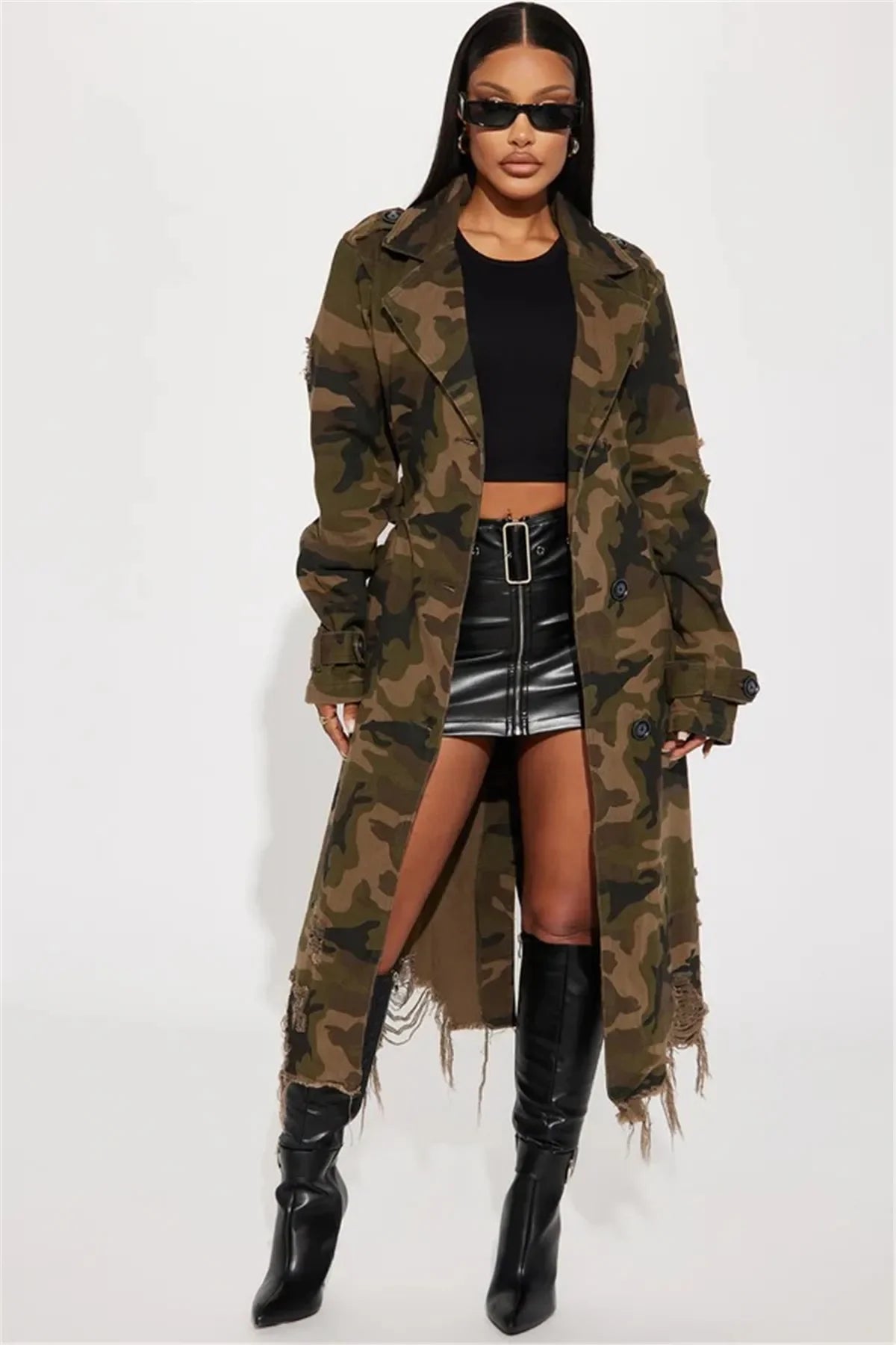 Camouflage Ripped Trench Jacket Long Coats Hole Windbreaker Sashes Single Breasted 2025 Women Streetwear Jackets Outerwear