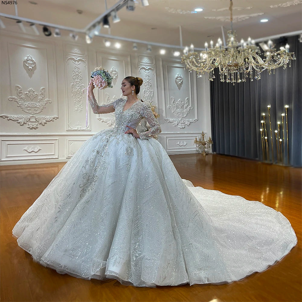Beaded V-Neck Wedding Dress Custom NS4976