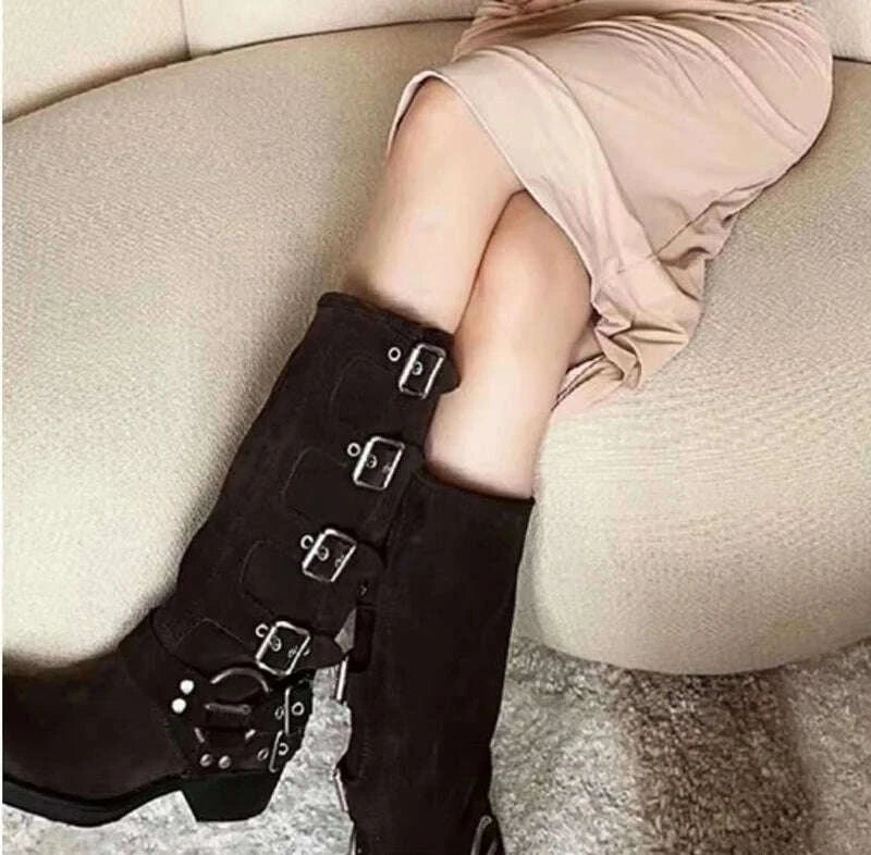 KIMLUD, Punk Woman Clasp Buckle Brown suede Knee Boots Side Metal Buckles Motorcycle Boots Women Square Toe Lady Ridding Boots, KIMLUD Womens Clothes