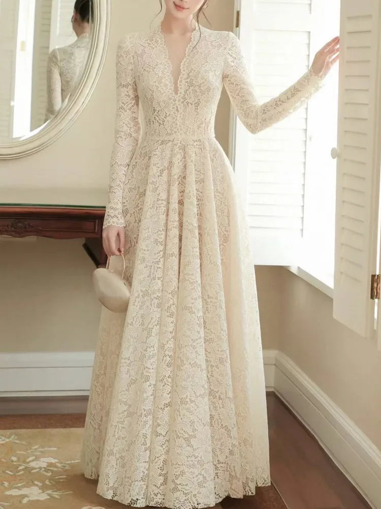 Eshin Elegant Women Lace Maxi Dress Long Sleeve Deep V Neck High Waist A-Line Floor Length Evening Party Formal Dresses SA1529