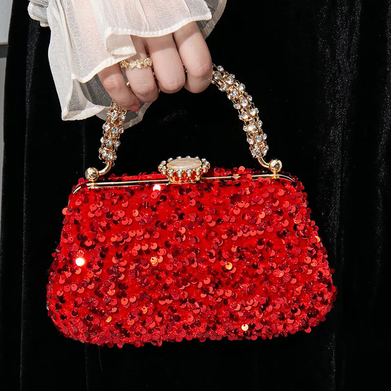 Sequined Evening Handbag Rhinestone Top Handle — Red | KIMLUD