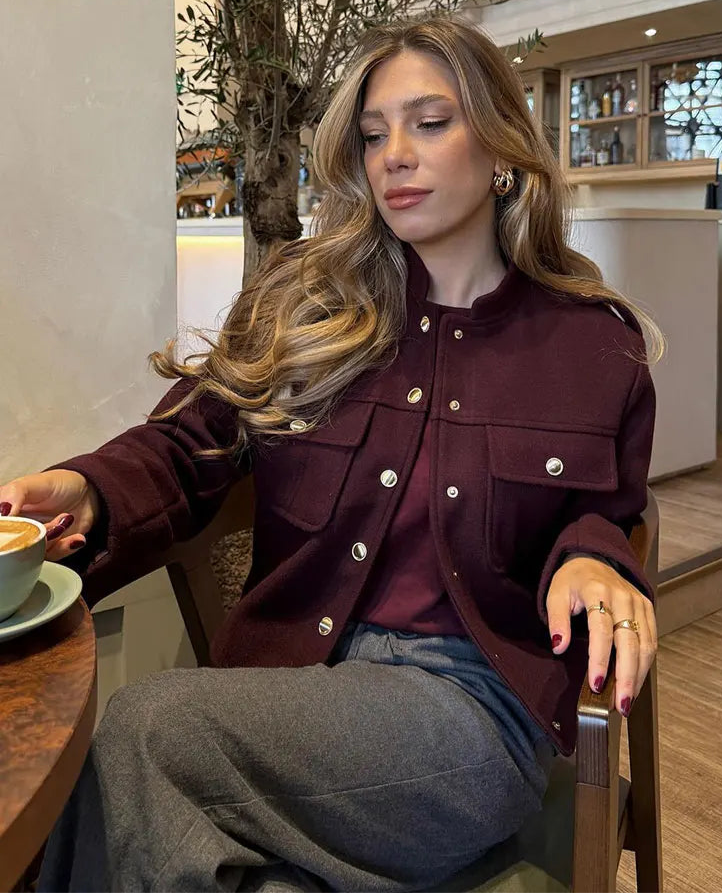 KIMLUD, TRAFZA Women Vintage Wine Red Coat O Neck Long Sleeve Single Breasted Jacket With Pockets Autumn Casual Office Lady Outerwear, Wine Red / XS, KIMLUD APPAREL - Womens Clothes