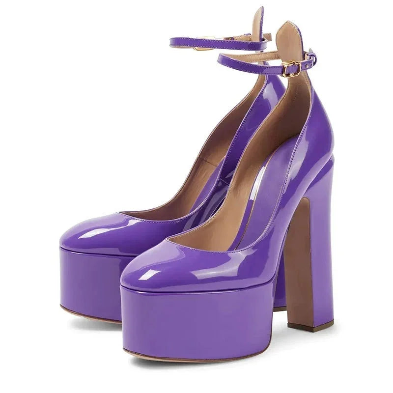 Patent Leather Platform Sandals Round Toe Ankle Buckle — Black | KIMLUD