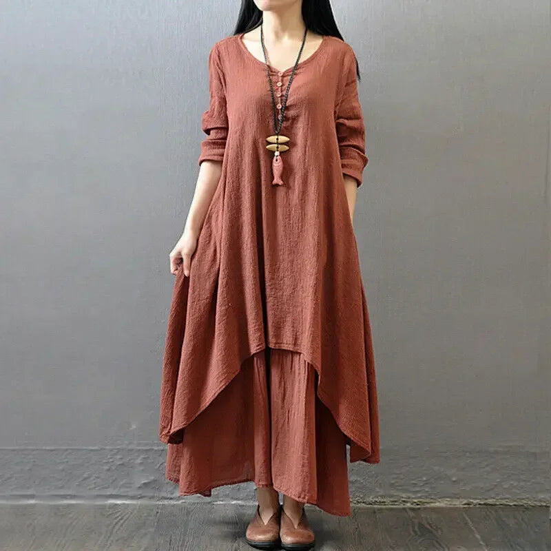 Linen-Blend Maxi Dress Relaxed Long-Sleeve Swing — Ivory | KIMLUD