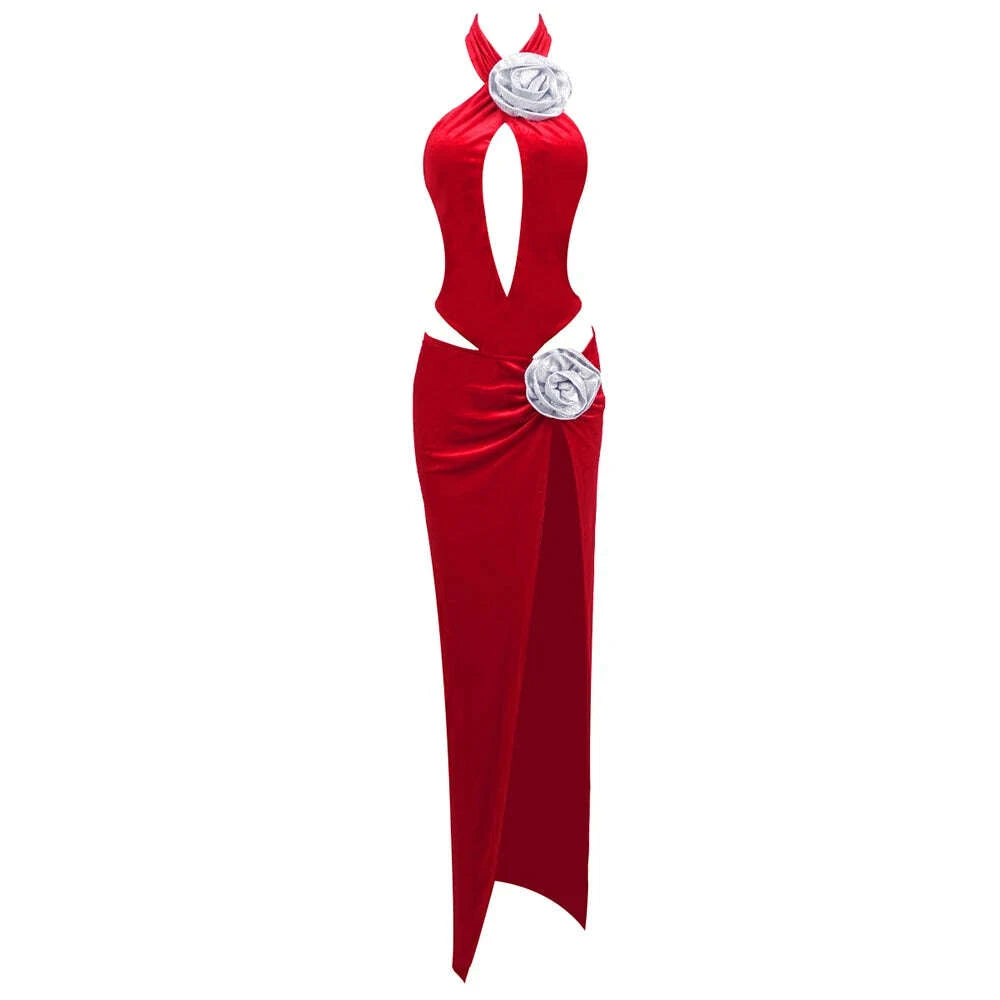 KIMLUD, VC Cut Out Long Red Velvet Prom Dress Crystal Rose Details Sleeveless Hollow Out High Slit Maxi Party Cocktail Evening Gowns, KIMLUD Womens Clothes