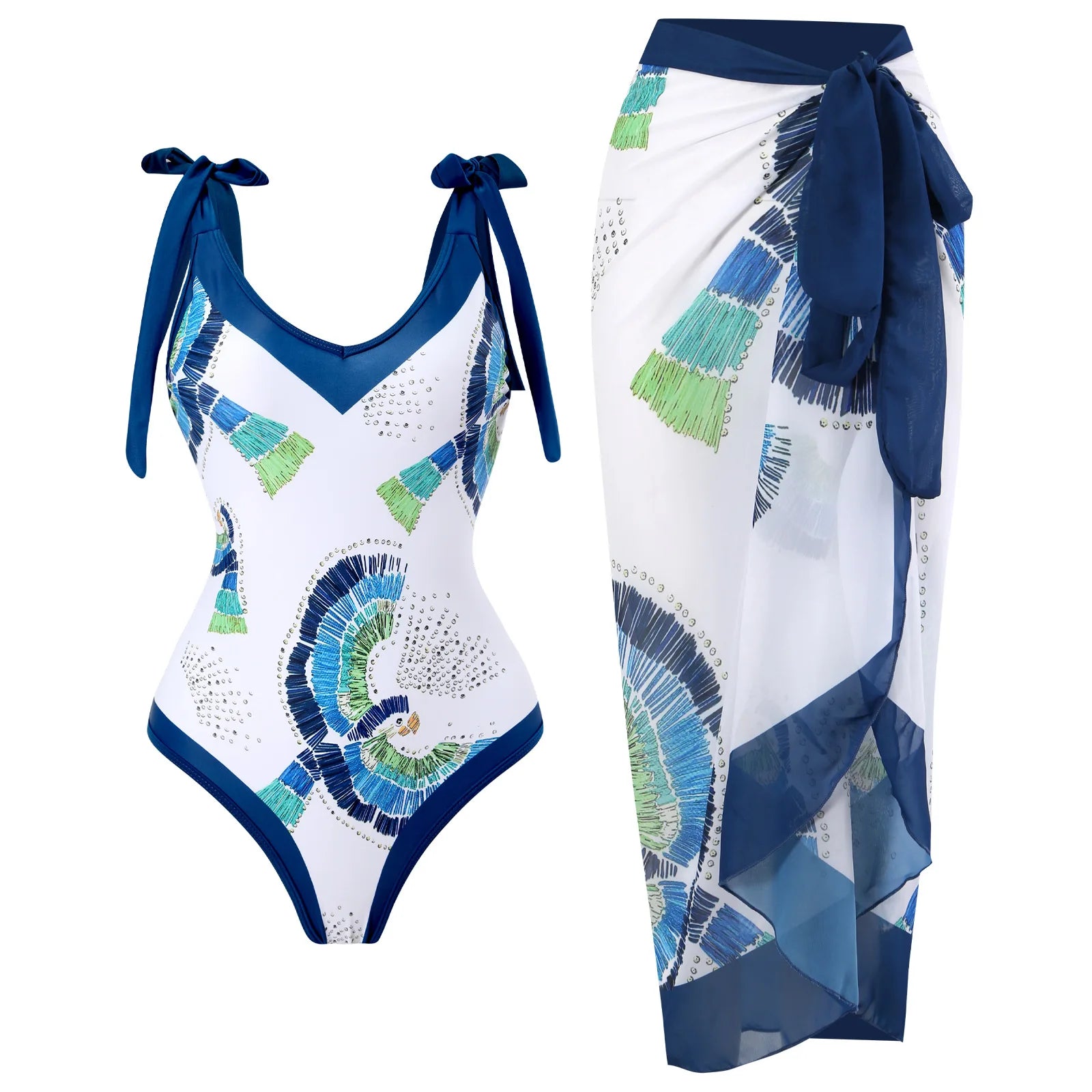 Halter Floral One Piece Swimsuit Skirt — Green | KIMLUD
