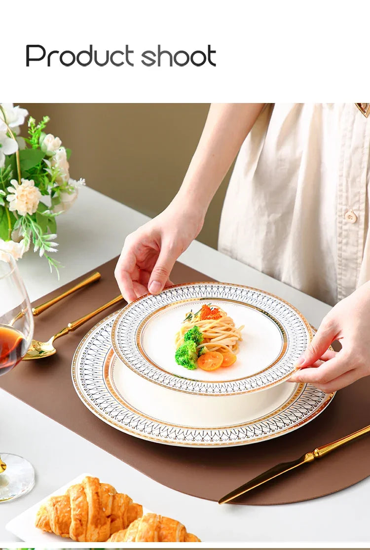 Ceramic European Style Dessert Plate With Gold Rim And Subtle Depth — White | KIMLUD