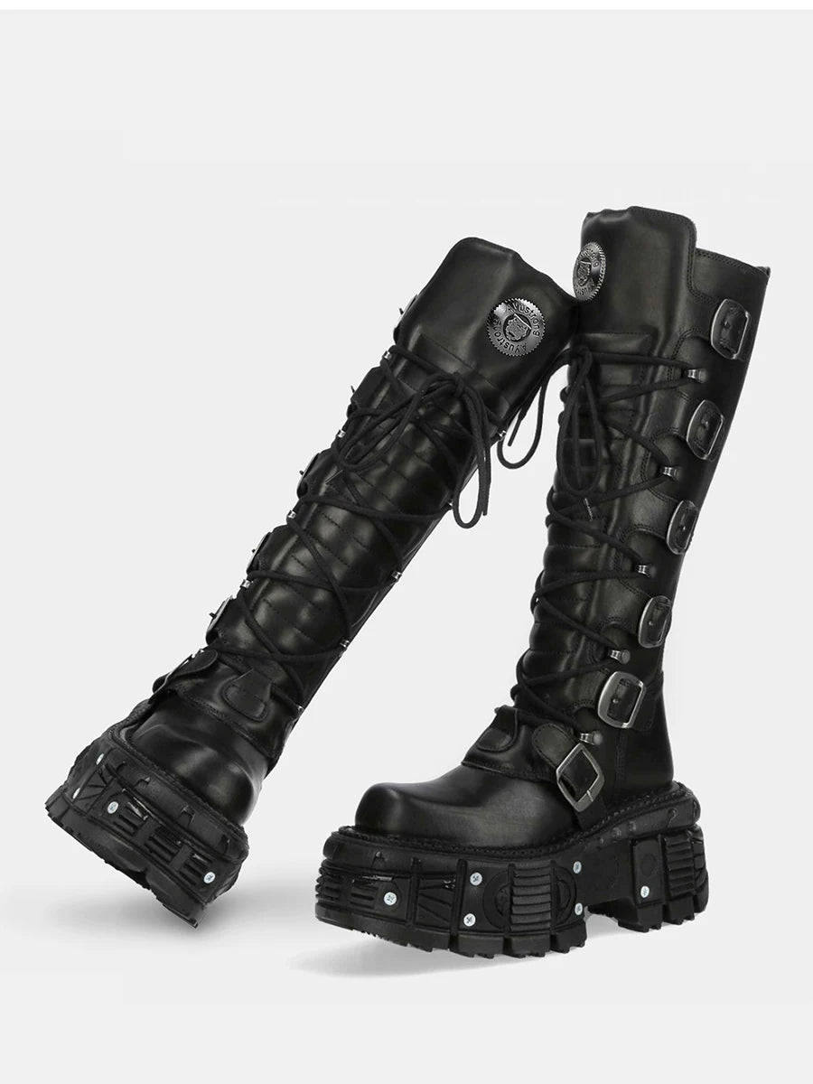 Belt Buckle Motorcycle Boots Knee High Rock Punk Round Toe Thick Bottom Leather Solid Color Fashion Sexy Women Shoes New