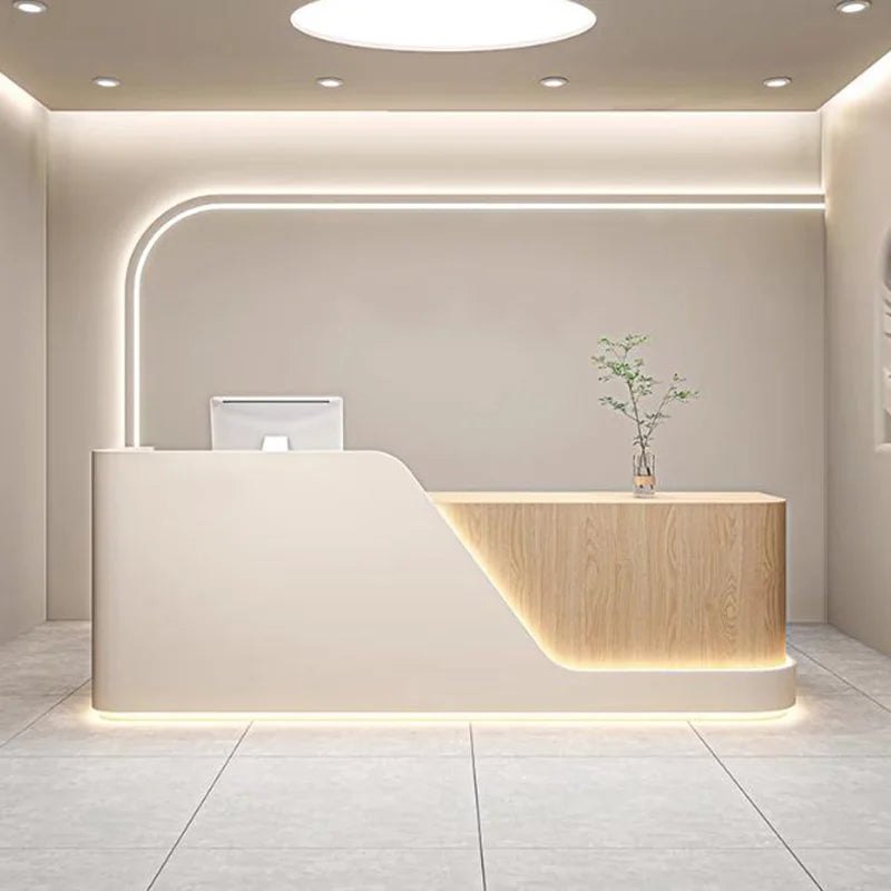 Curved Wood Reception Desk With LED Lights — White | KIMLUD