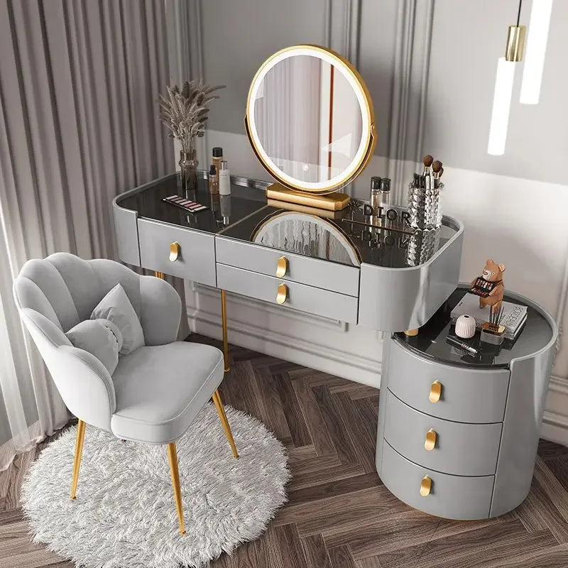 A Modern Design Dressing Table With Mirror and Stool Wooden Makeup Vanity Desk Side Cabinet Set Bedroom Furniture Dresser