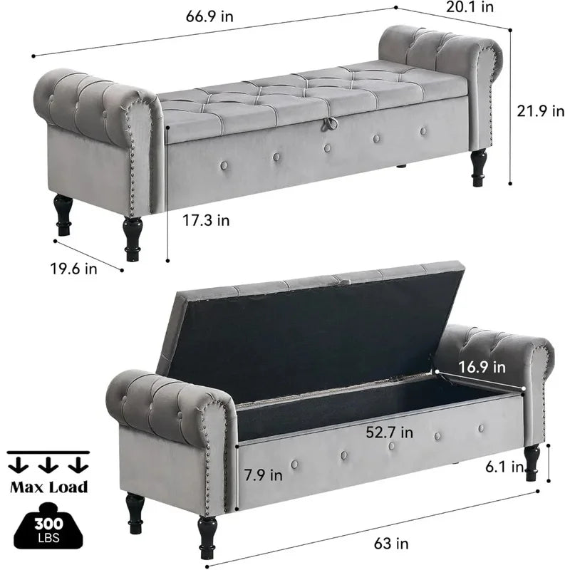 Velvet Tufted Storage Bench, 67" Bedroom End of Bed Bench, King Size with Rolled Arms, Button Ottoman Bench