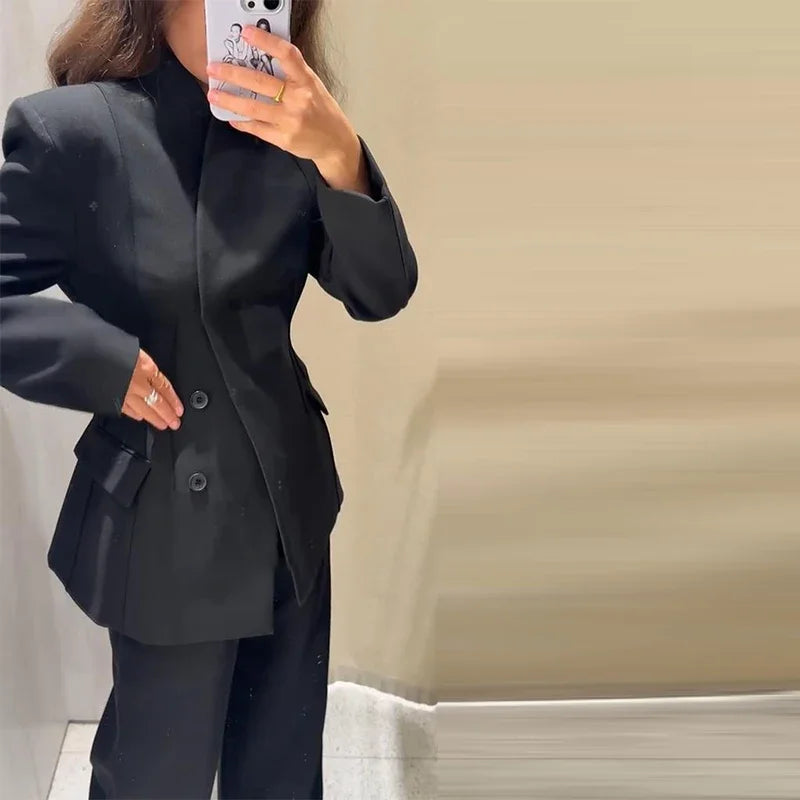 Elegant Blazer Pants Set Women Solid V-neck Long Sleeve Button Coat Wide Leg Trousers 2025 Autumn Fashion Office Lady Outfits