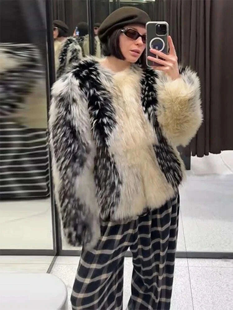 KIMLUD, Stylish Contrast Faux Fur Women Coat Elegant O-neck Single Breasted Full Sleeve Female Coats 2025 Winter Chic Lady Jacket, KIMLUD Womens Clothes