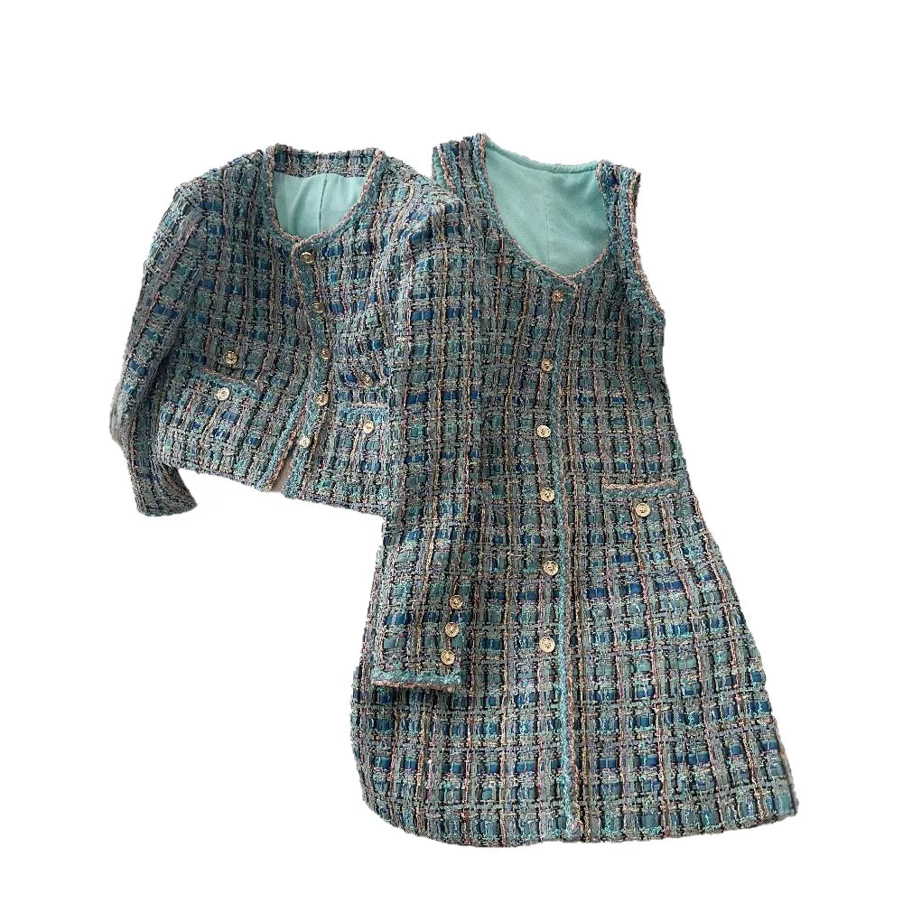 2025 New French Lady Blue Green Tweed round Neck Single Button Small Fragrance Style Jacket Vest Dress Set Casual Suit