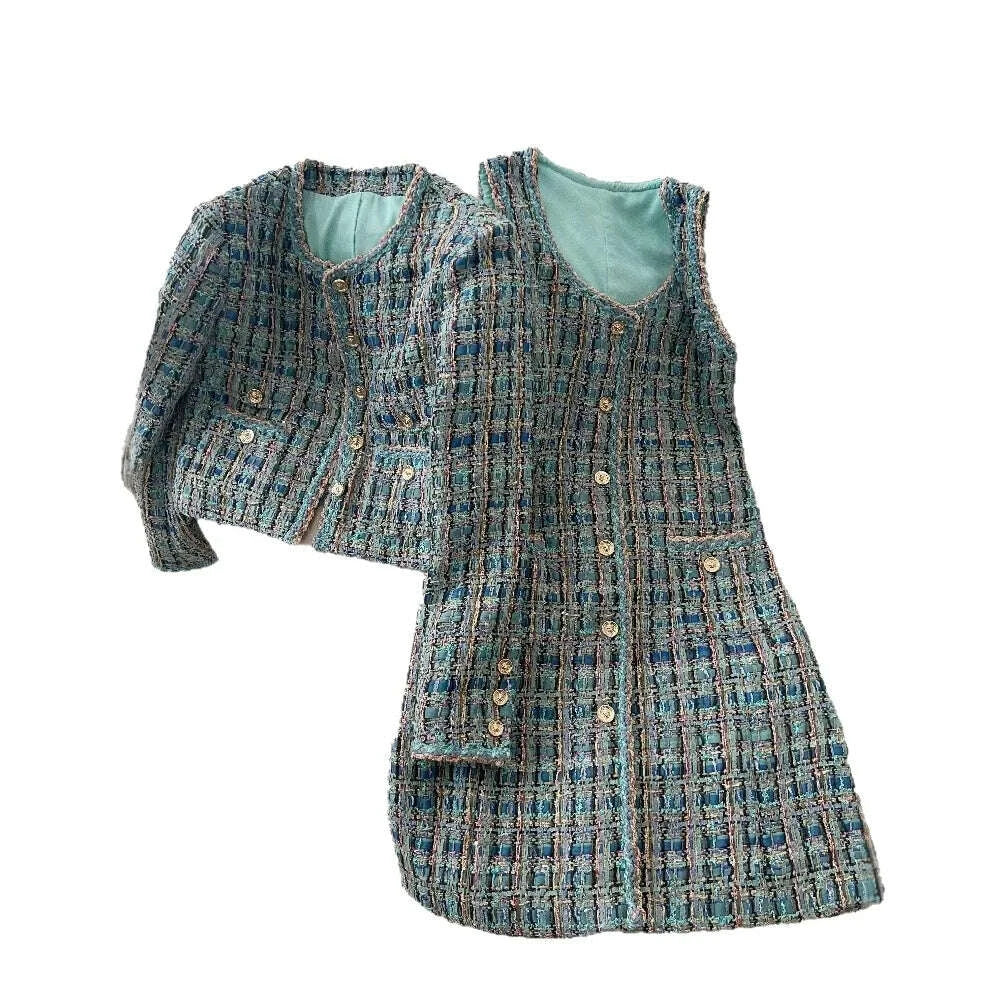 KIMLUD, 2025 New French Lady Blue Green Tweed round Neck Single Button Small Fragrance Style Jacket Vest Dress Set Casual Suit, KIMLUD Womens Clothes