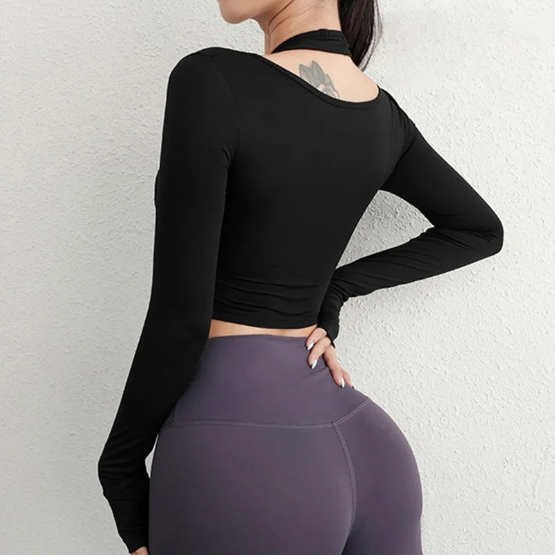Yoga Shirt – Breathable – Long Sleeve Crop Top – Black | KIMLUD