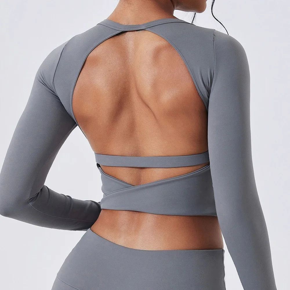 Cloud Hide Yoga Shirt Sexy Back Long Sleeve — Gray | KIMLUD