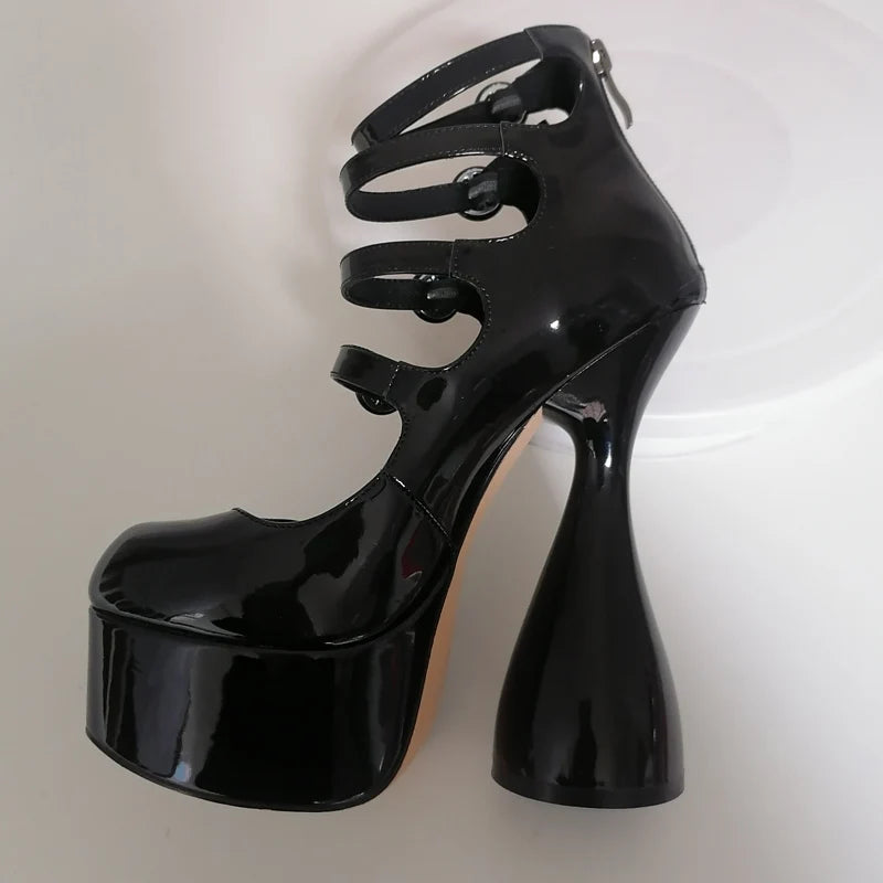 KIMLUD, Onlymaker Platform High Heels Strange Style Heels Buckle Decoration Patent Leather Ankle Strap Spring Autumn Fashion Sandals, KIMLUD Womens Clothes