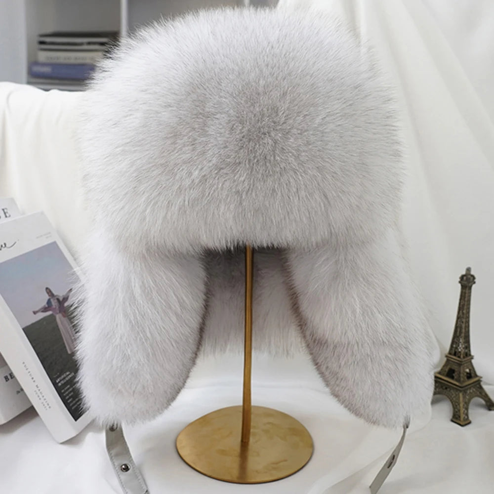Fashion Winter Men's 100% Real Silver Fox Fur Bomber Hat Raccoon Fur Ushanka Cap Trapper Russian Man Ski Hats Caps Real Leather