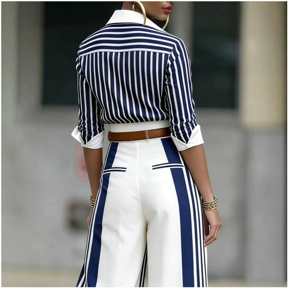 Silk Look Striped Two-Piece Set Belt — Black | KIMLUD