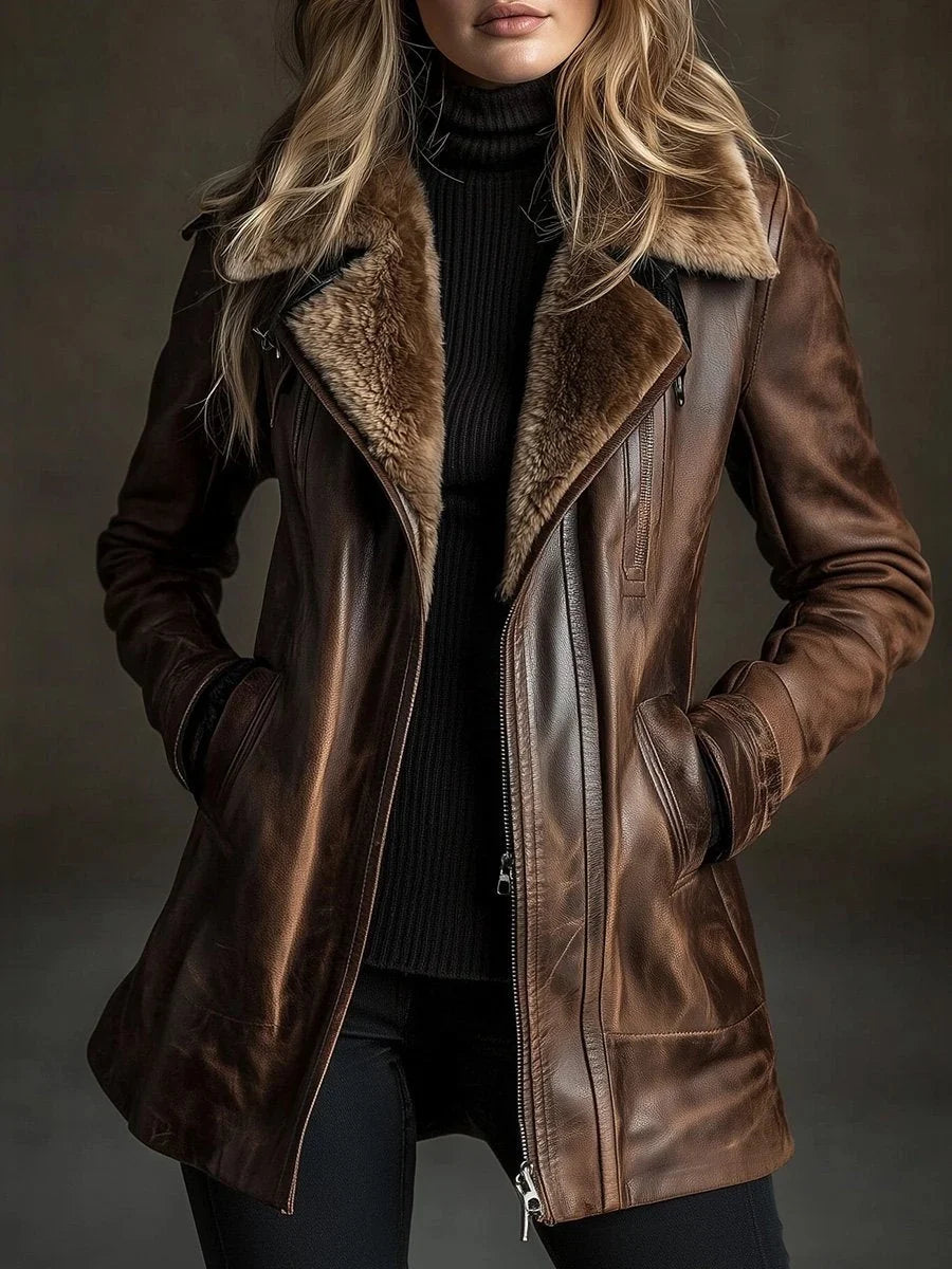 Winter Women Faux Fur Leather Jacket Casual Lady Thick Warm Leather Velvet Turndown Collar Coat High Street Motorcycle Outwear