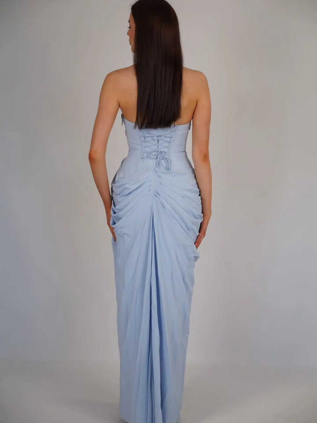 Evening Dress – Strapless Ruched Chiffon – Light Blue | KIMLUD