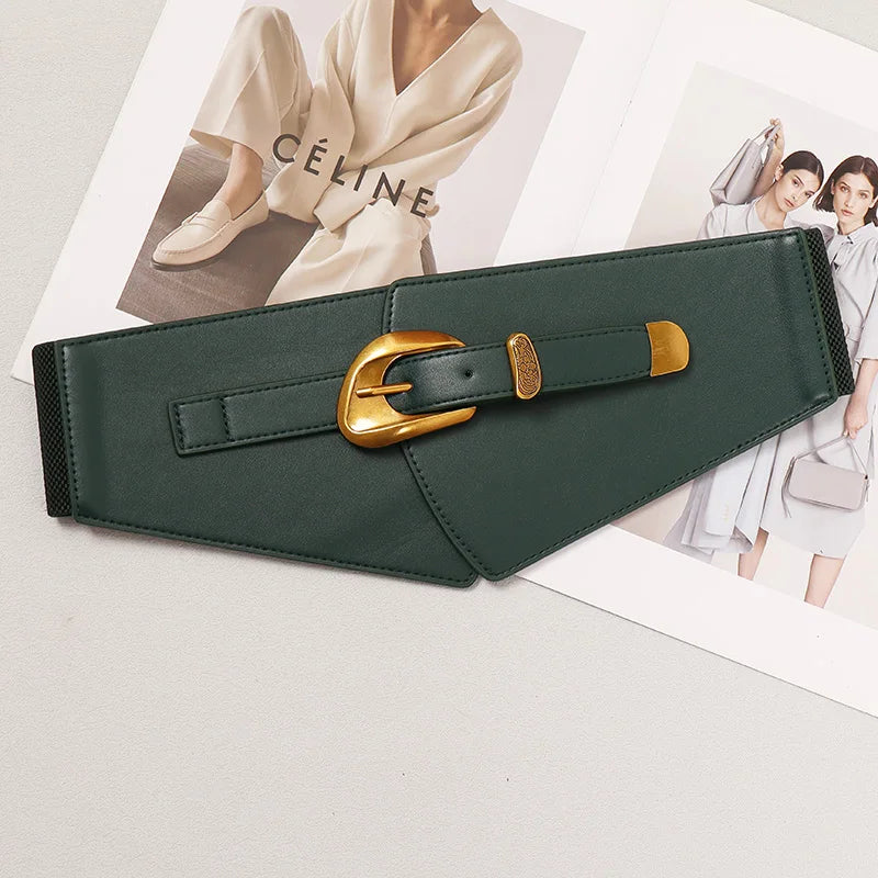 Green Camel Khaki Pu Leater Elastic Waistbands for Women Irregular Wide Corset Dress Shirt Decoration Elegant Pu Waist Belts