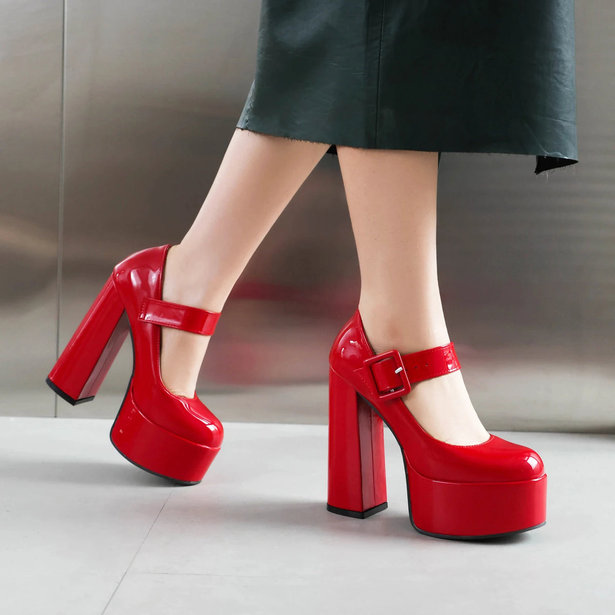 Mary Jane Platform Pumps – Buckle Strap – PU – Red | KIMLUD