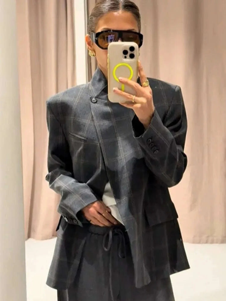 KIMLUD, Women Irregular Plaid Blazer Jacket Fashion Stand Collar Full Sleeve Split Loose Short Coat 2025 Female Daily Commute Outerwear, KIMLUD Womens Clothes