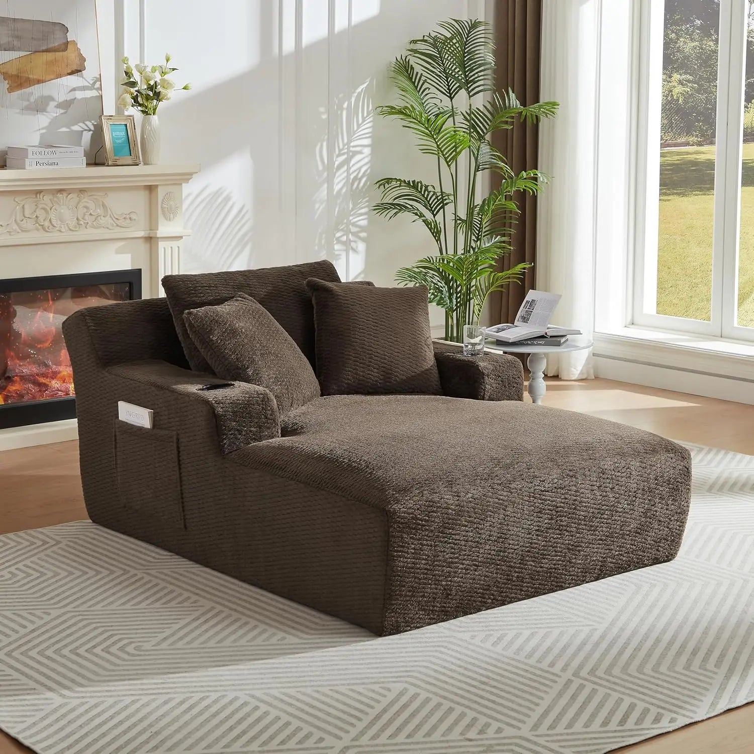 67" Oversize Chaise Lounge Deep Seat 2 Cup Holders Storage Pockets Living Room Bedroom Office Brown Customized