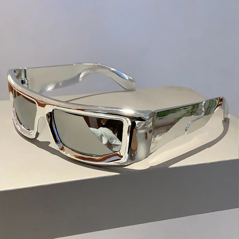 Metallic Rim Wrap Round Sunglasses — Silver | KIMLUD