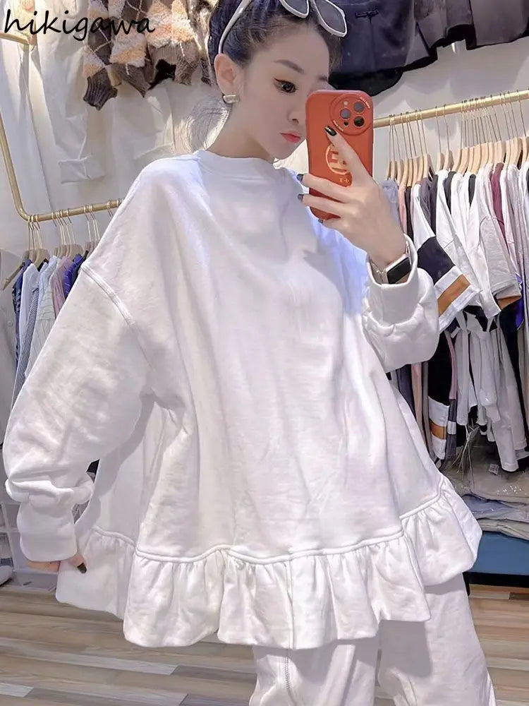 Women Clothing Oversized T Shirts Long Sleeve O-neck White Tees Sweet Ruffles Tops 2025 Ropa Mujer Casual Fashion Y2k Tshirt