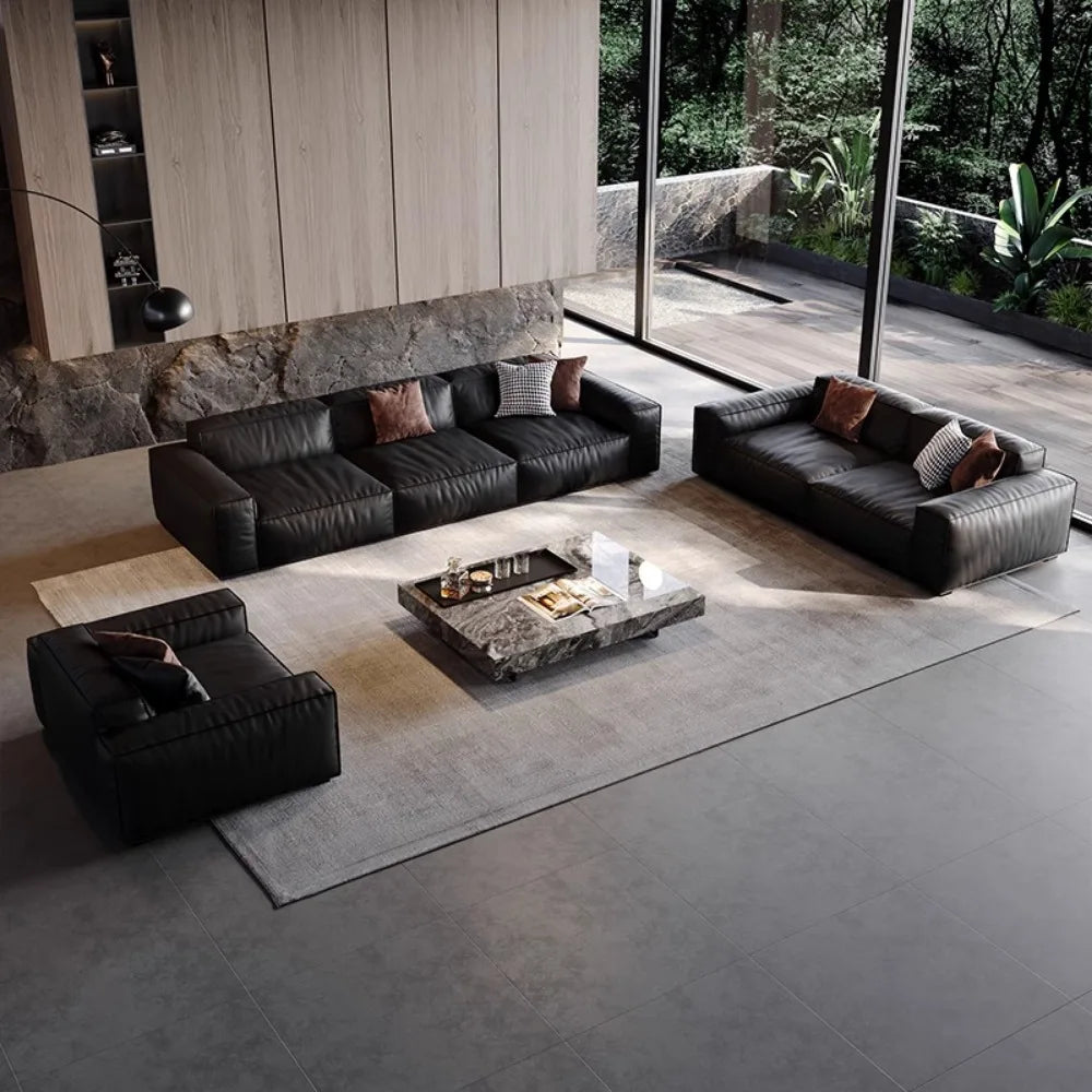 Genuine Leather Sectional Sofa Italian Minimalist Design With Plush Seating — Deep Black | KIMLUD
