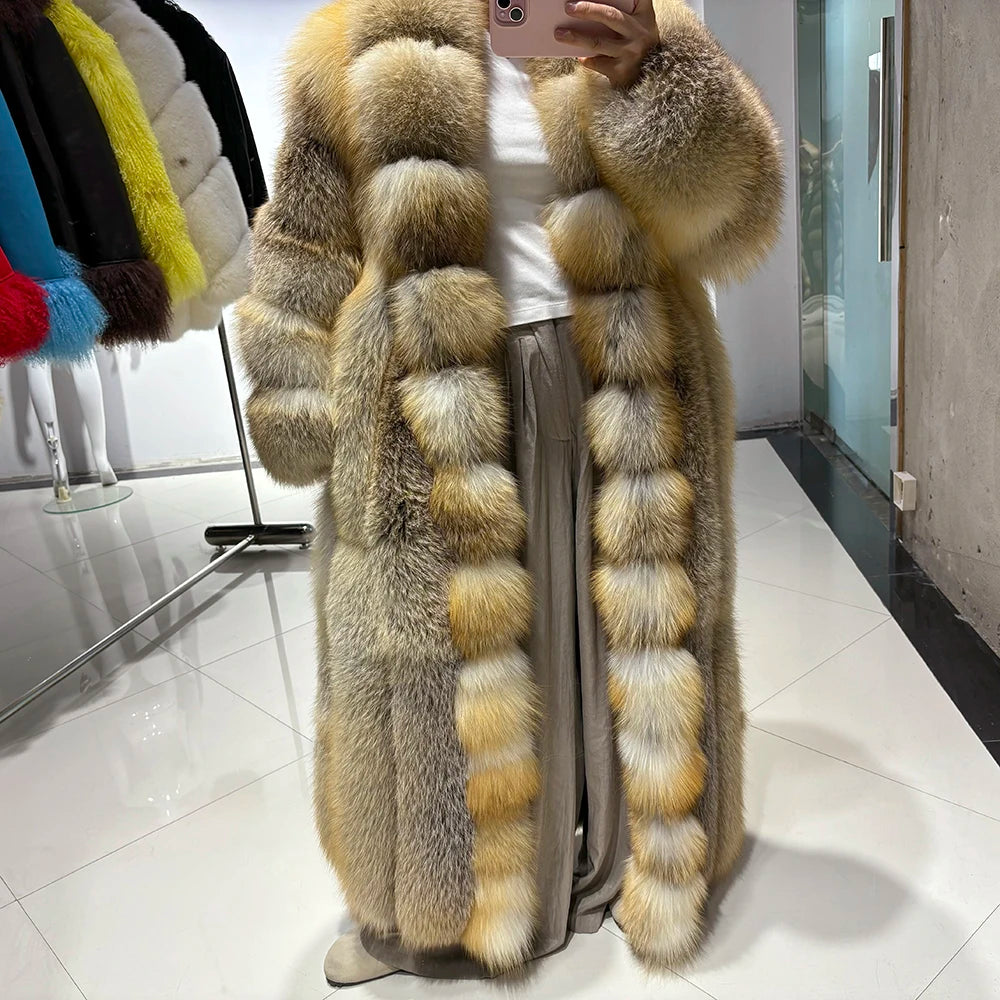 YOLOAgain Luxury Long Real Fox Fur Jacket Coat Women2025 Winter Natural Golden Fox Fur Coat Outerwear
