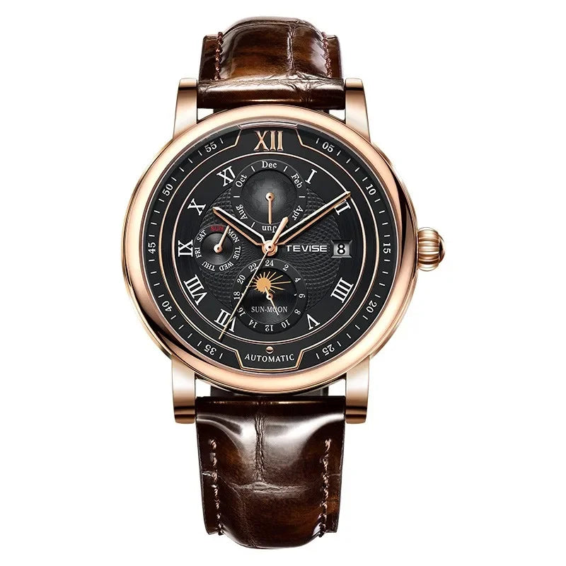 LIGE TEVISE Business Waterproof Mechanical Mens Watches Brand Luxury Leather Strap Watch for Men Moon Phase Automatic Wristwatch